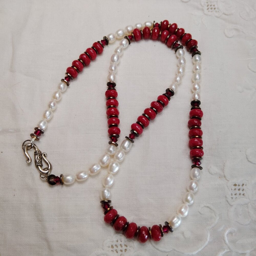 Almandine Garnet Bead Necklace Glass Faux Pearls Silver Tone Hook Clasp 24.5”